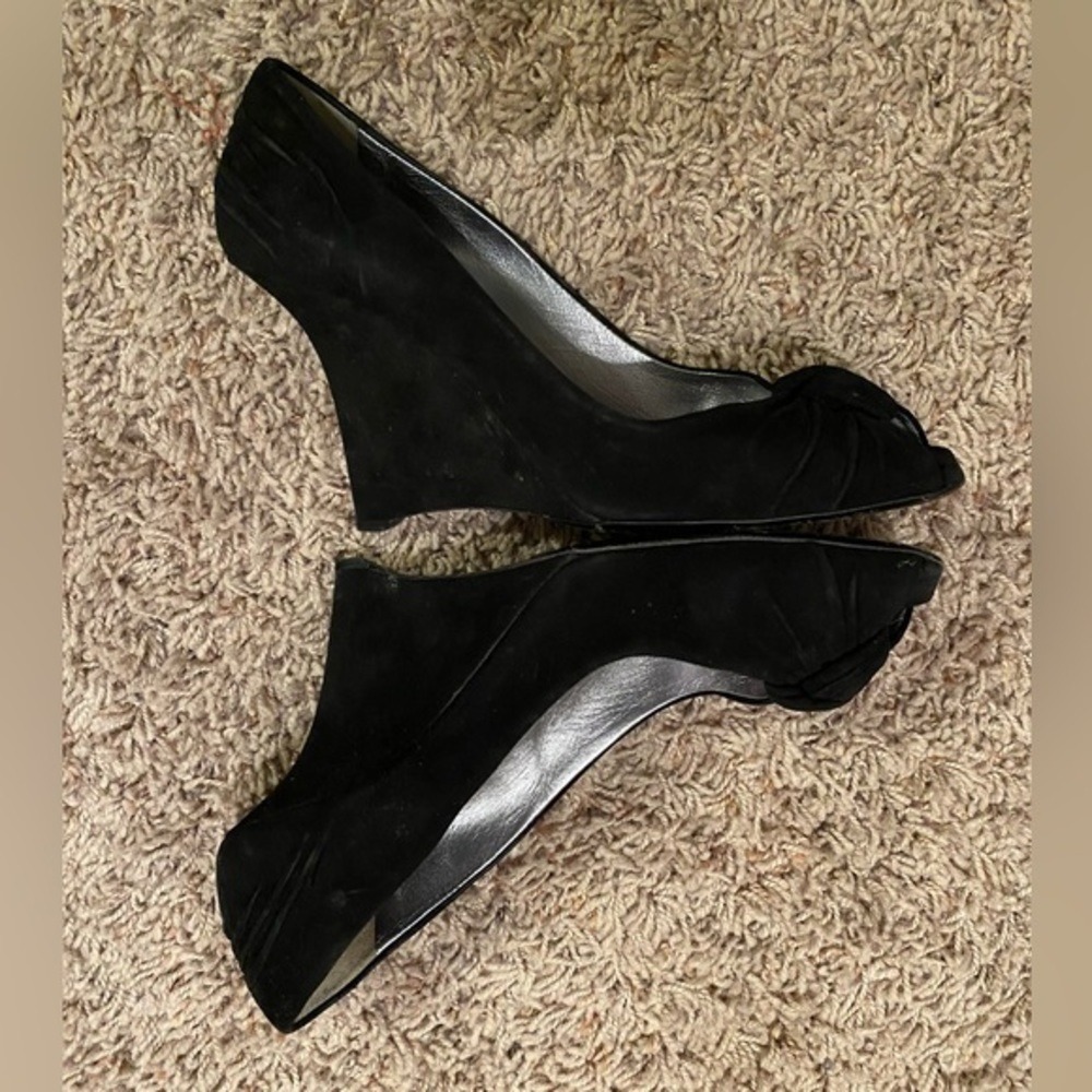 Prada Y2K Black Suede Peep Toe Wedge Pumps Square Toe Leather IT 40 US 9.5-10 - Picture 7 of 13